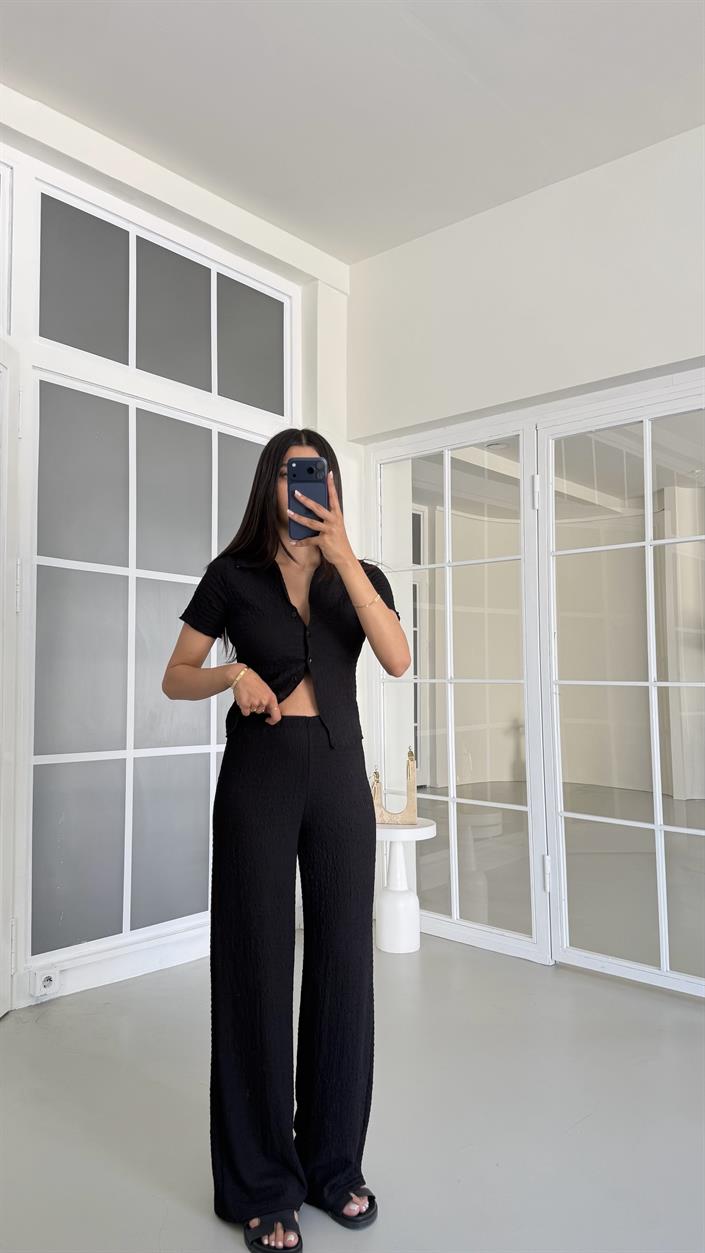 Siyah Crop Bluz Beli Lastikli Pantolon Bürümcük Takım GAUS-01555