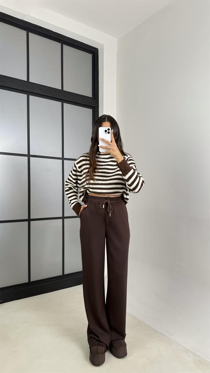 Kahve Kuşaklı Cepli Modal Kumaş Pantolon GAUS-00539