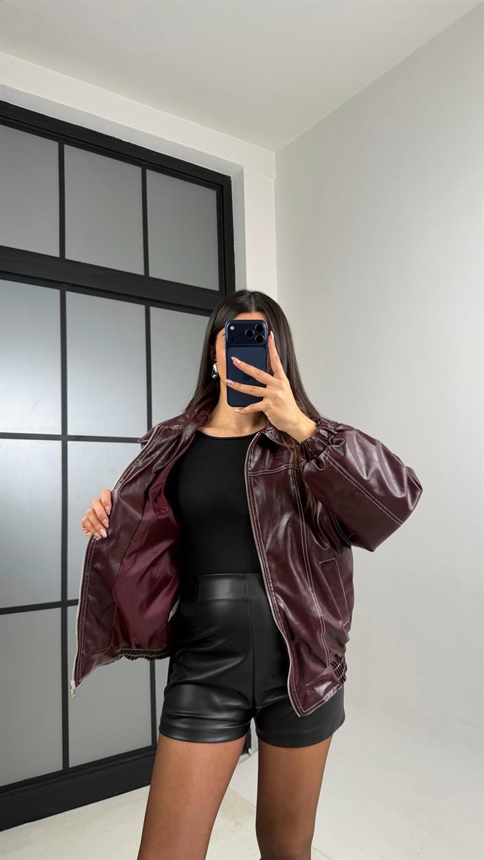 Bordo Dikiş Detaylı Astarlı Deri Ceket GAUS-00908