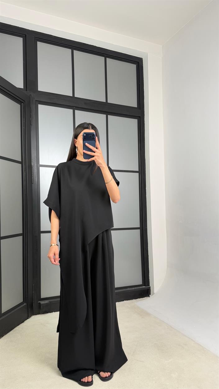 Siyah Asimetrik Bluz Beli Lastikli Pantolon İkili Tasarım Takım GAUS-01490