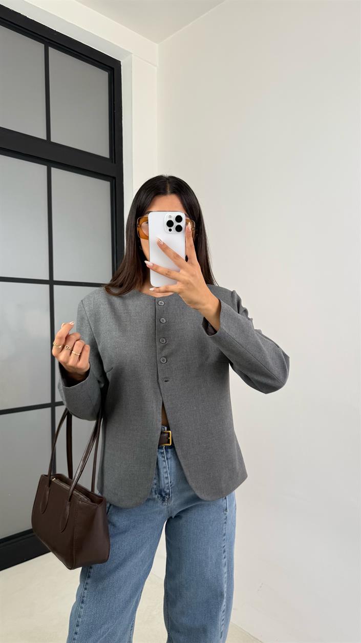 Gri Astarlı Vatkalı Düğme Detaylı Ceket GAUS-0097