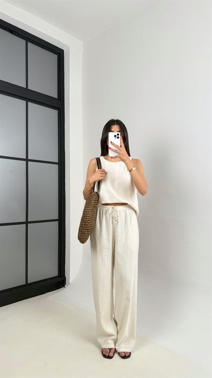 Taş Sıfır Kol Bluz Beli Lastikli Pantolon Md Muadil Keten Takım Gaus00495 