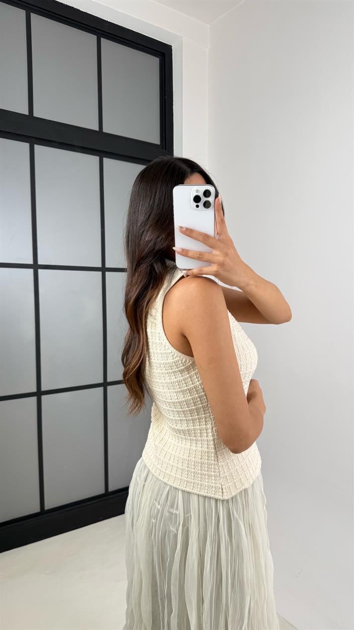 Ekru Gold Düğmeli Örgü Triko Yelek GAUS-00101