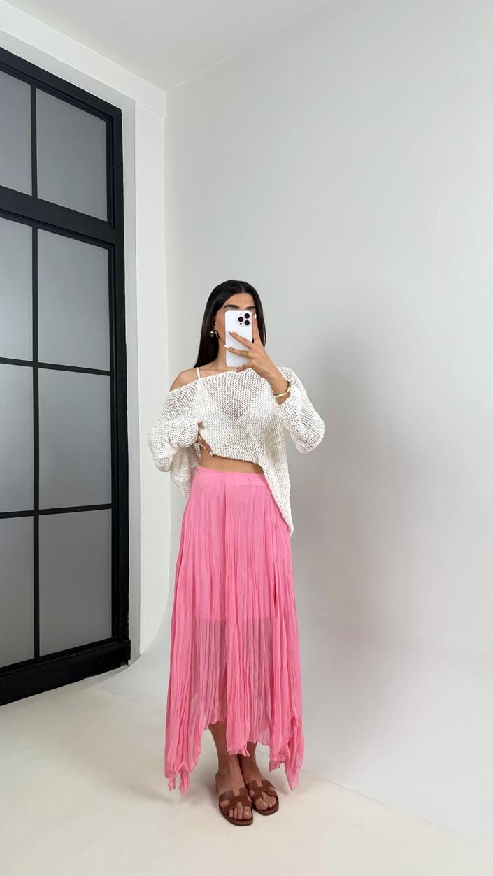Pembe Astarlı Kırışık Şifon Muadil Etek Gaus00447