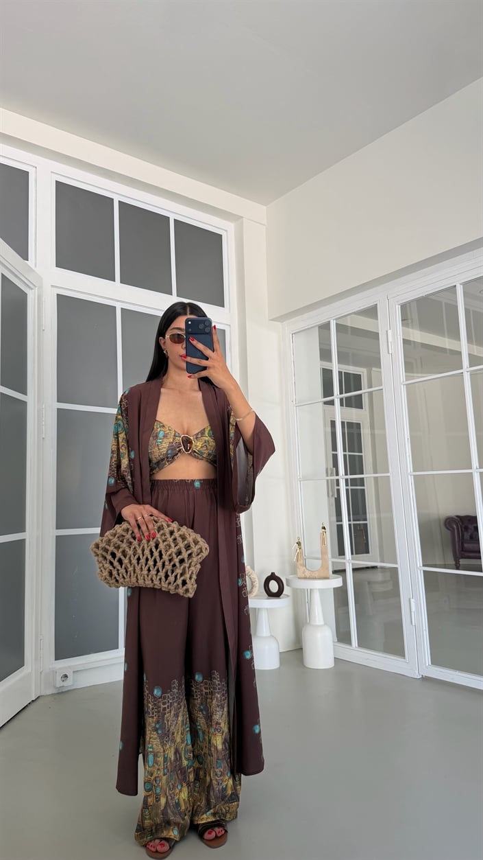 Kahve Kimono Crop Beli Lastikli Pantolon 3lü Desenli Premium Takım GAUS-01831