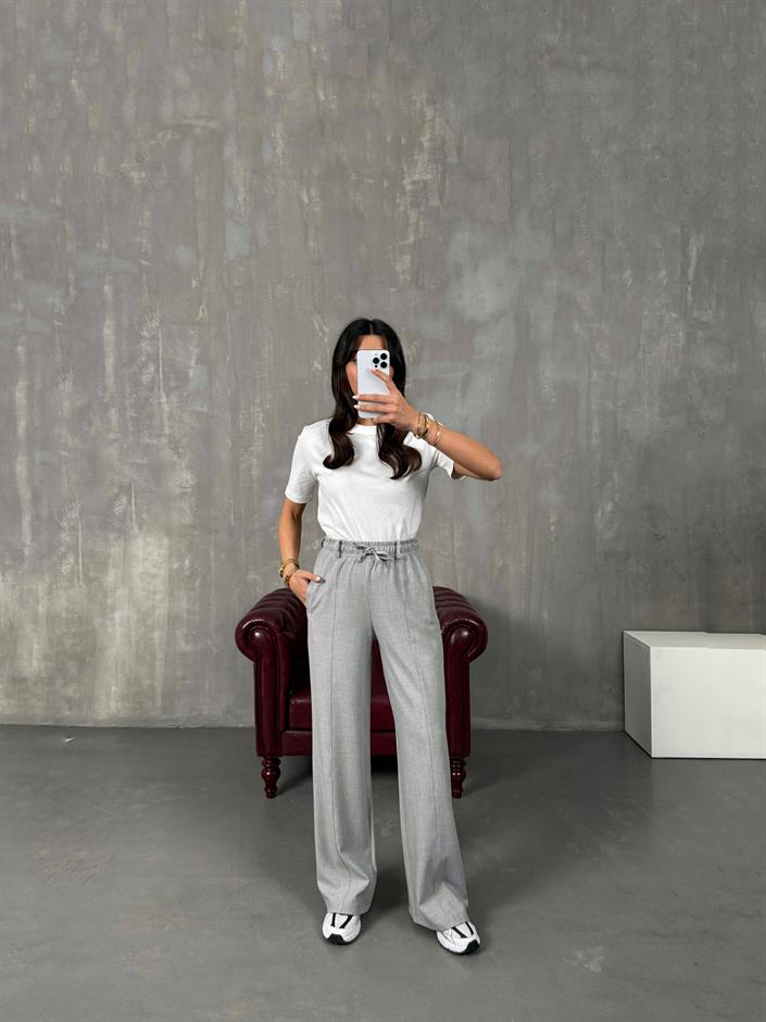 Giyan Gri Beli Lastikli Çımalı Pantolon