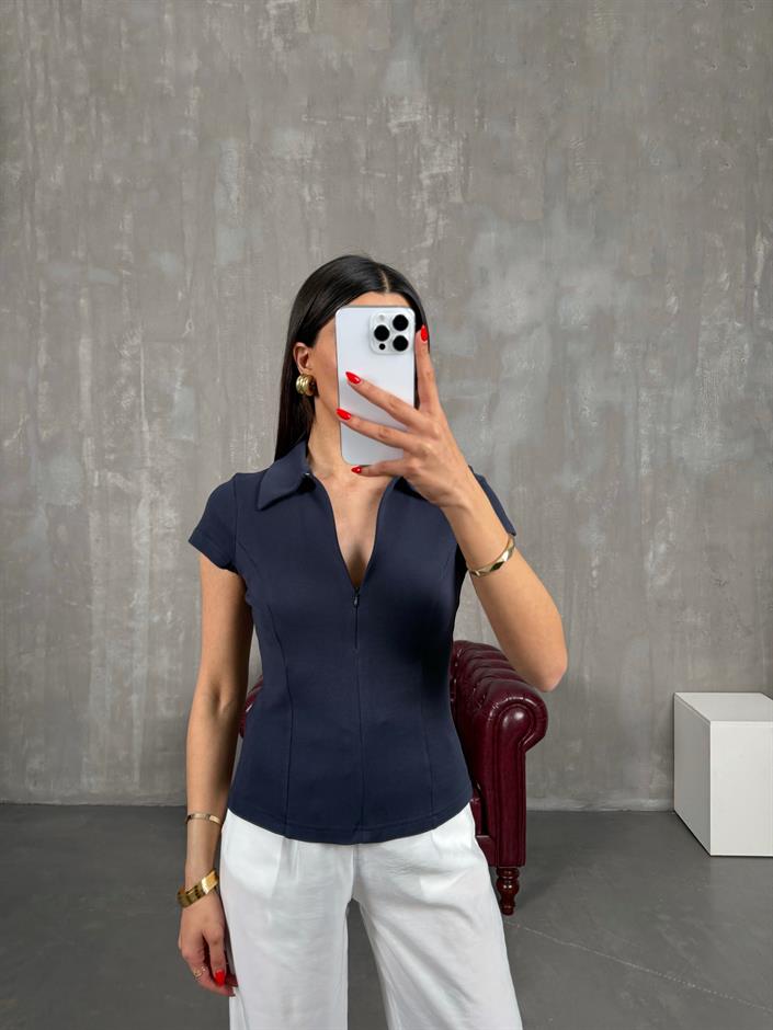 Lacivert Polo Yaka Ön Fermuarlı Tshirt Gaus00191