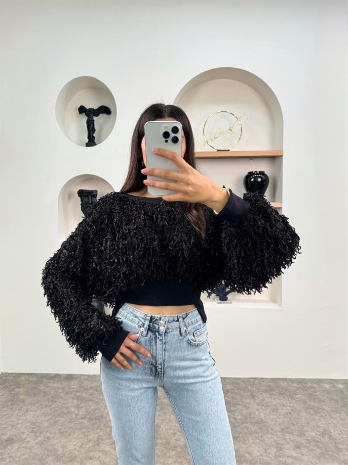 Bost Siyah Simli Püsküllü Bluz