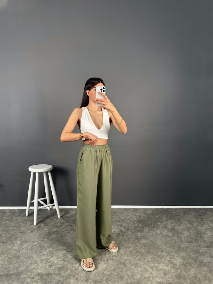 Allda Haki İthal Kumaş Beli Lastikli Pantolon