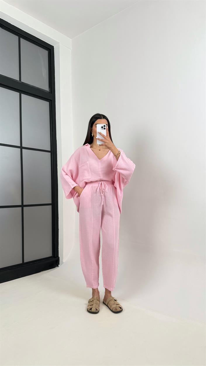 Pembe V Yaka Cepli Gömlek Beli Lastikli Pantolon İkili Müslin Takım MSLN01 Gaus00373
