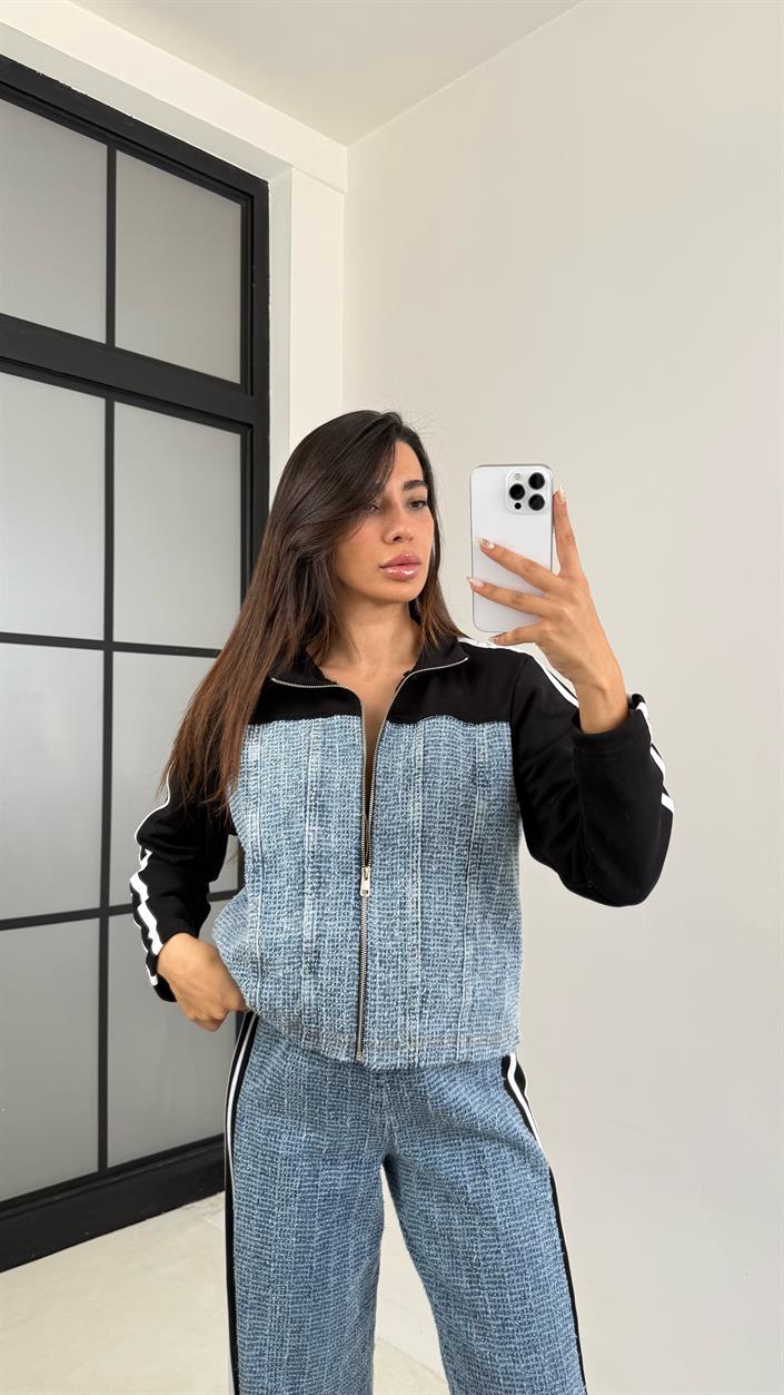 Siyah Şeritli Denim Detaylı Ceket Beli Lastikli Pantolon İkili Takım GAUS-00113