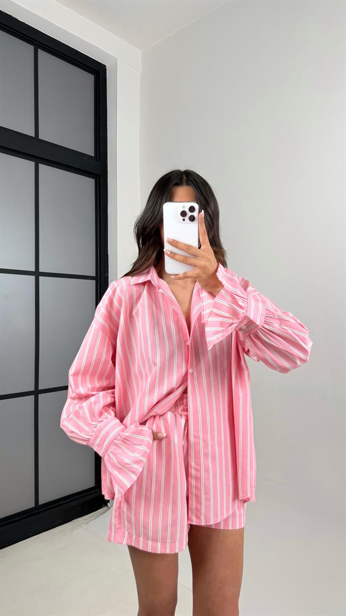 Pembe Çizgili Kol Bağlamalı Gömlek Beli Lastikli Şort İkili Takım Gaus00528