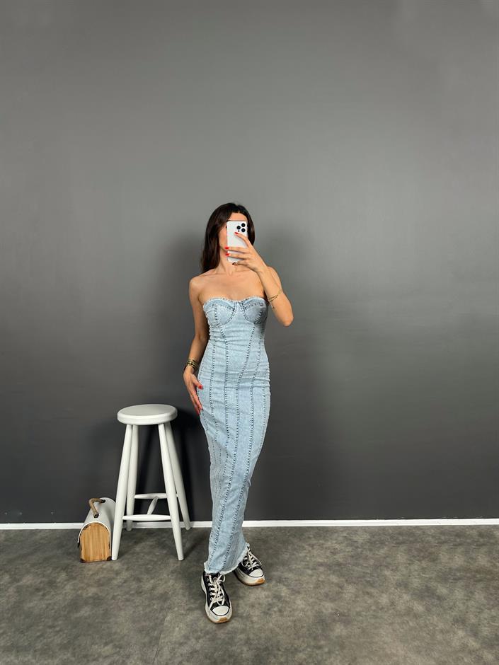 Straplez Fermuarlı Light Blue Denim Elbise