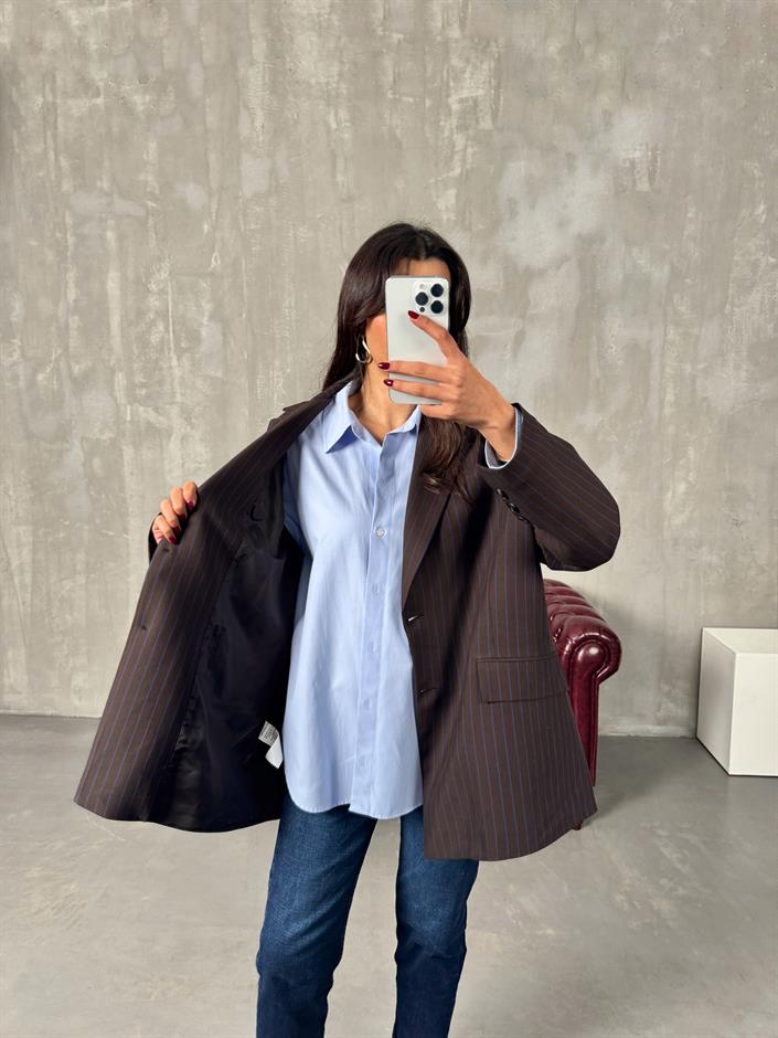 Anna Kahve Çizgili Astarlı Blazer Ceket