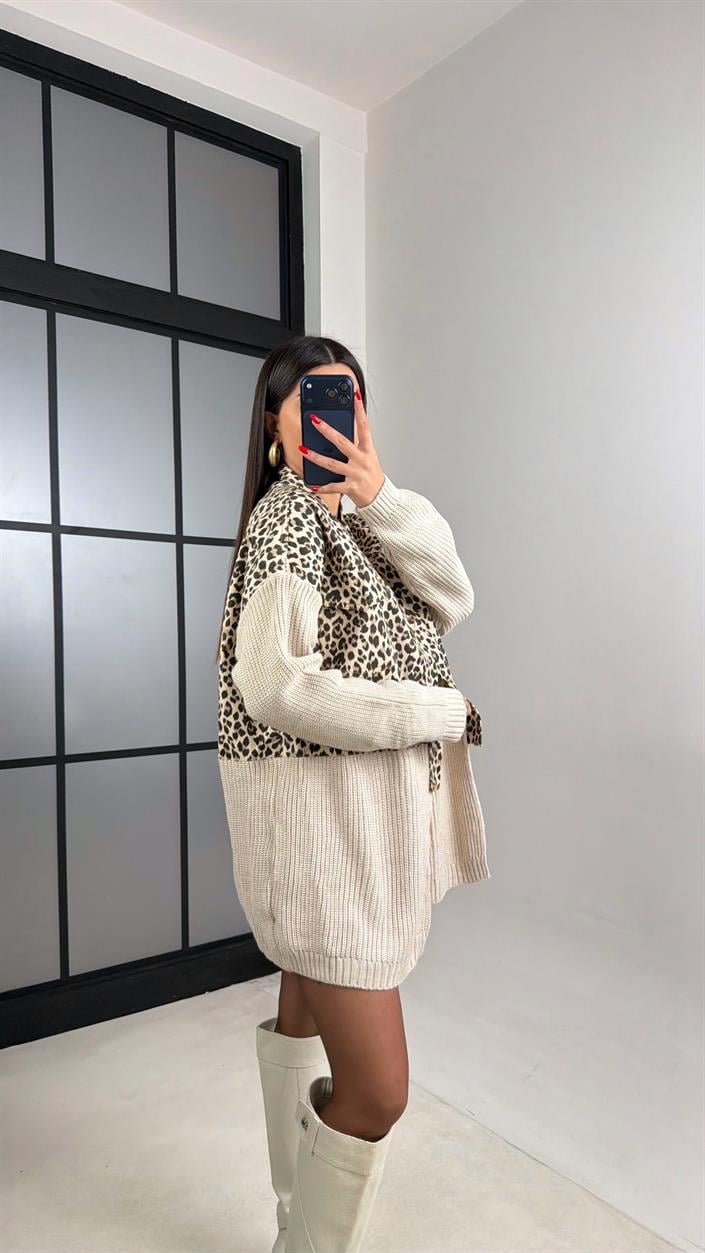 Ekru Leopar Desenli Denim Detaylı Triko Hırka GAUS-01001