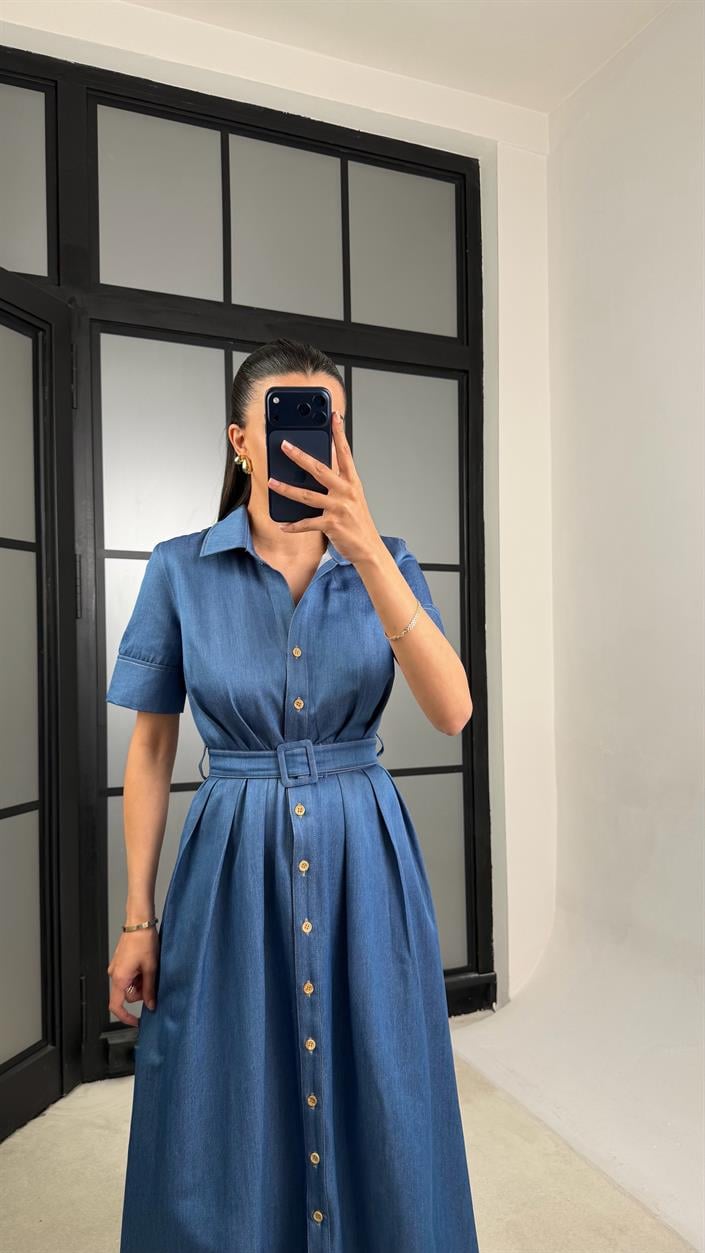 Mavi Kemerli Tencel Denim Premium Elbise GAUS-01452