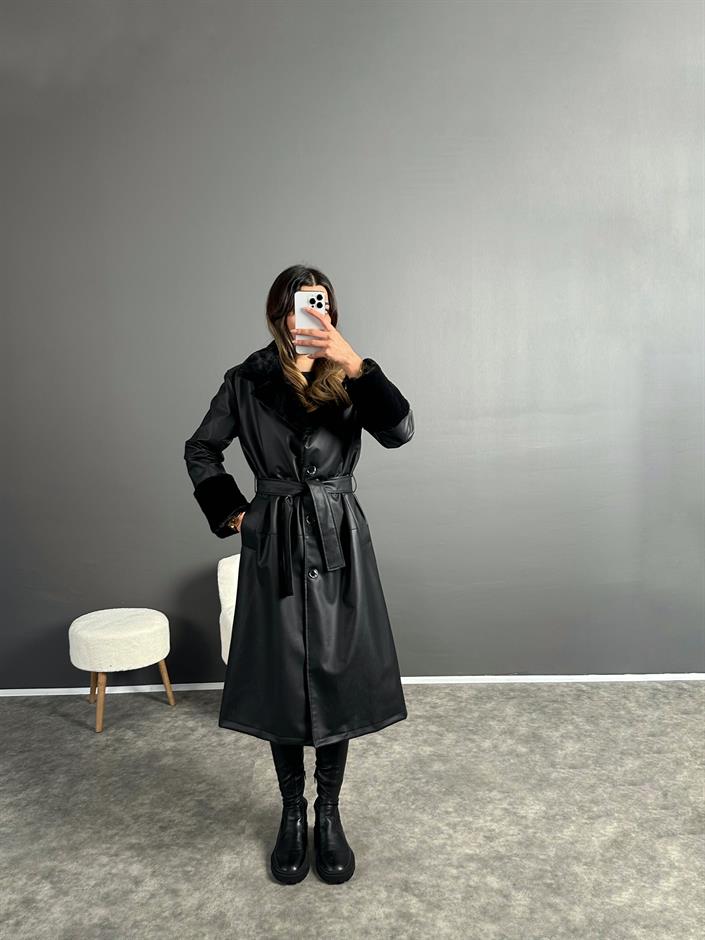 Siyah Peluş Detaylı Uzun Deri Trençkot 