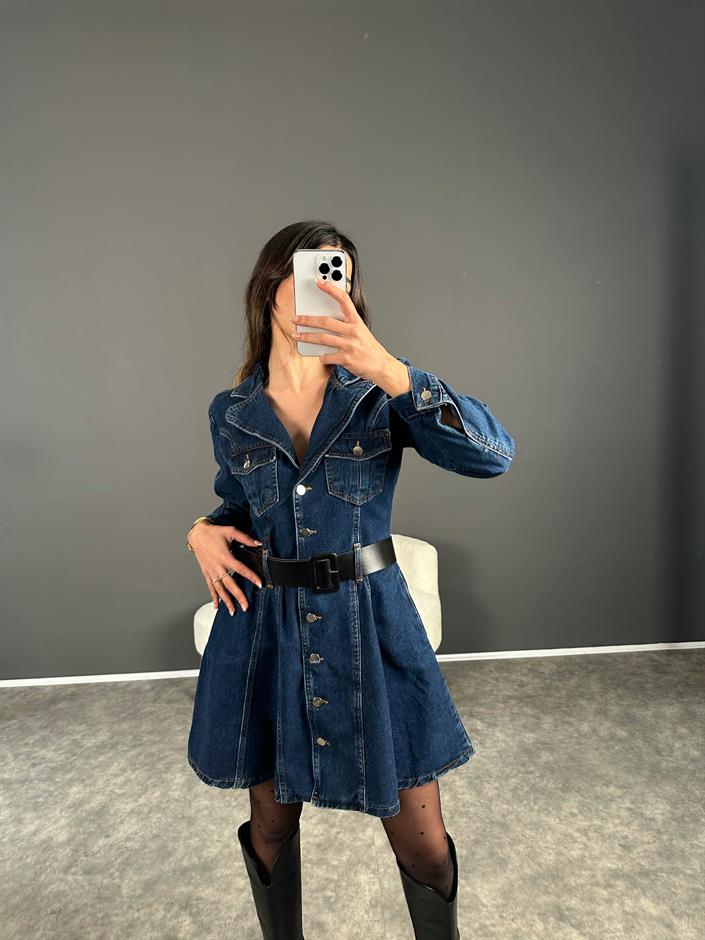 Premium Denim Kemerli Elbise 