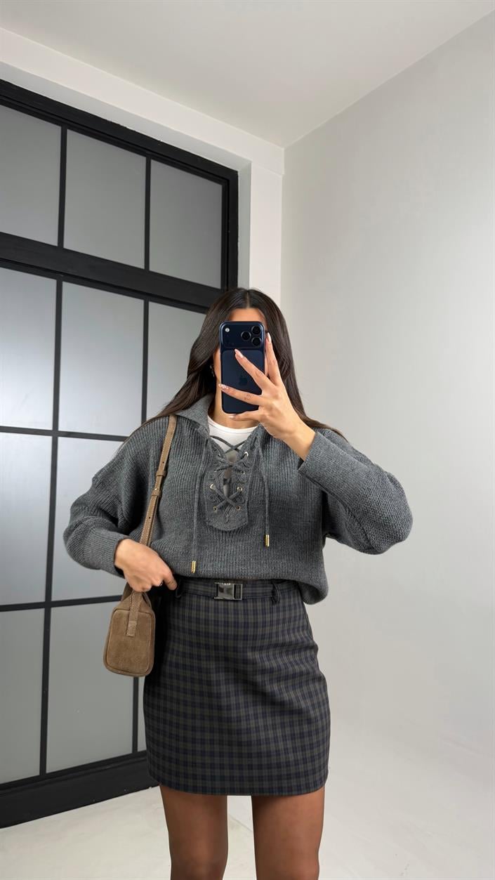 Antrasit Pötikare Desenli Kemerli Etek GAUS-00902