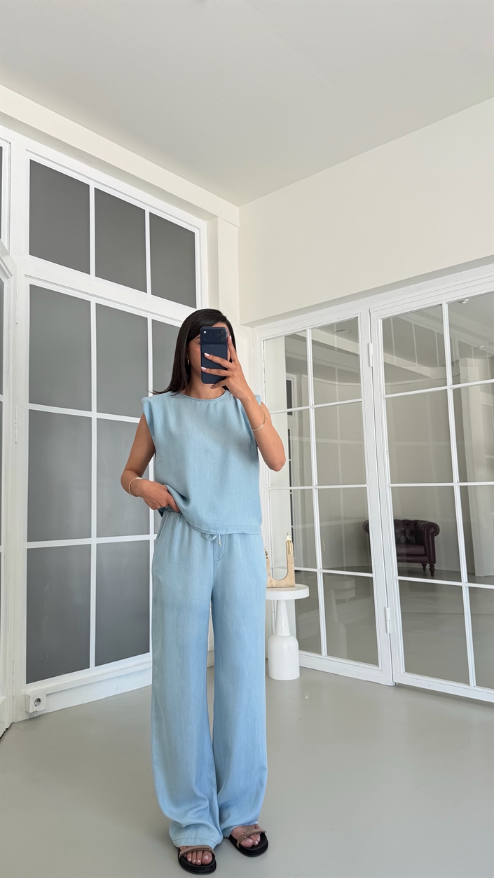 Mavi Vatkalı Bluz Beli Lastikli Pantolon İkili Tencel Denim Takım GAUS-01730