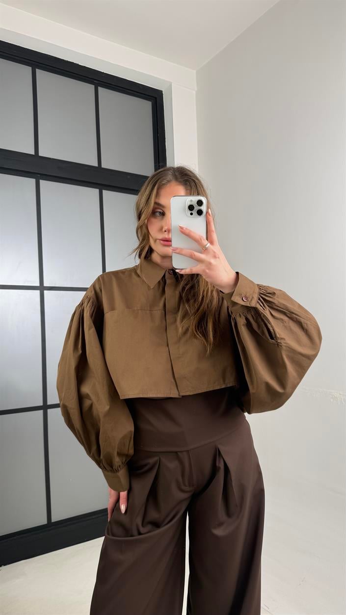 Kahve Yarasa Kol Crop Poplin Gömlek GAUS-01117