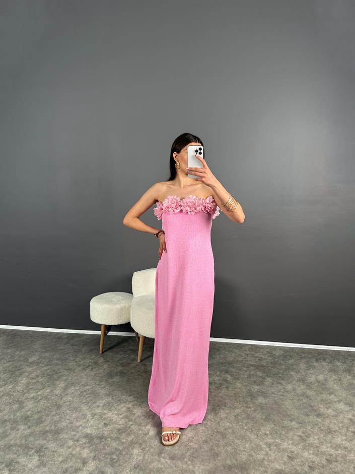 Look Pembe Gül Detaylı Straplez Astarlı Elbise