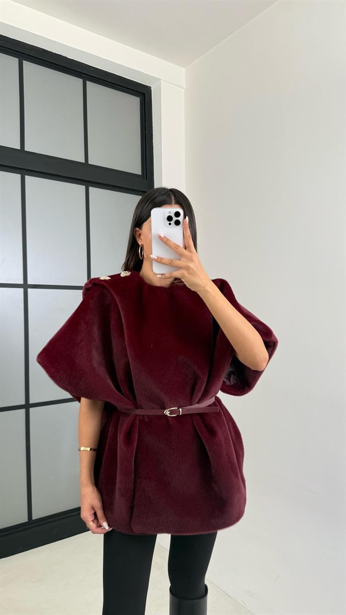 Bordo Kemerli Tasarım Kürklü Panço GAUS-00520
