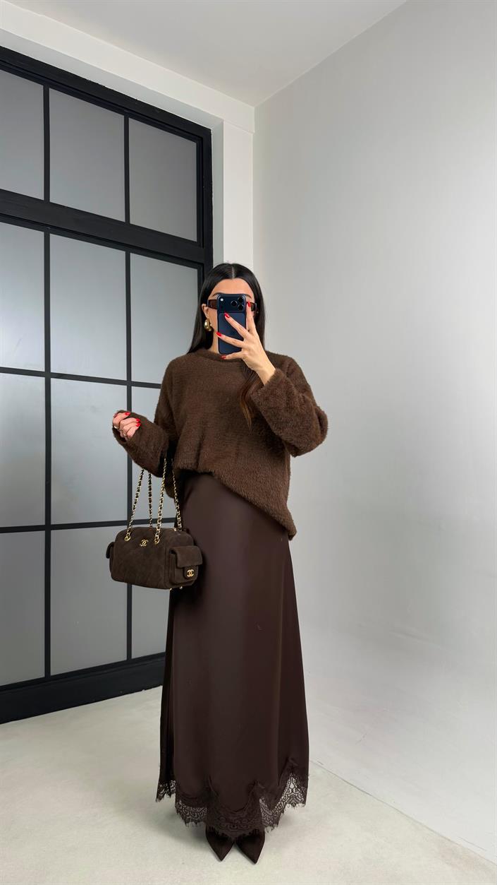 Kahve Dantel Detaylı Saten Etek GAUS-00999