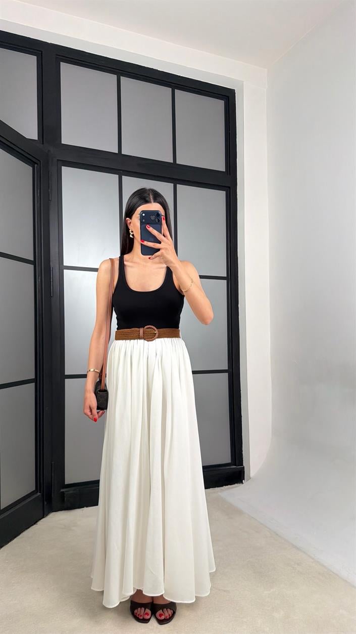 Ekru Kemerli Astarlı Etek GAUS-01549