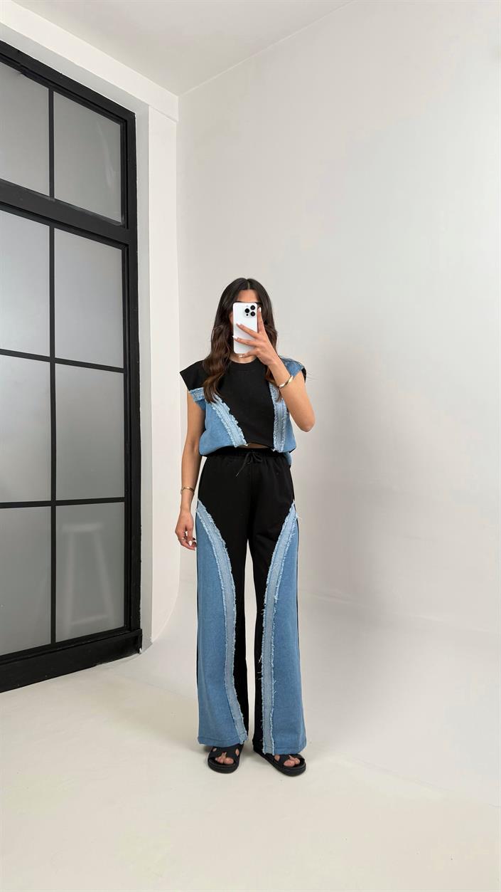 Siyah Dalga Desen Püskül Detaylı Denim Tasarım Takım Gaus00342
