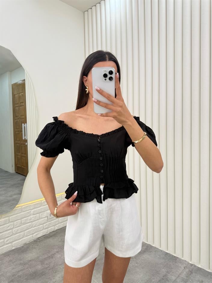 Siyah  Balon Kol Önü Düğmeli Fırfırlı Tensel Crop Bluz Gaus00279