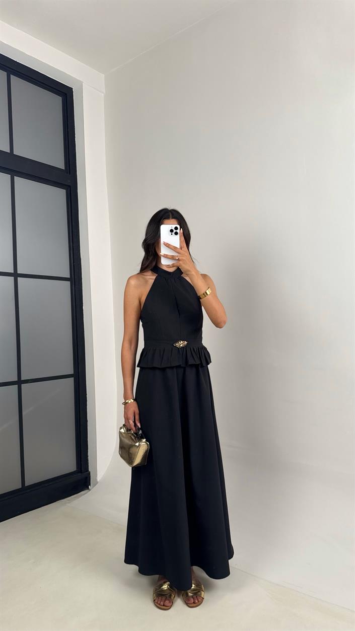 Siyah Gold Toka Detaylı Bluz Beli Lastikli Etek İkili Takım Gaus00678