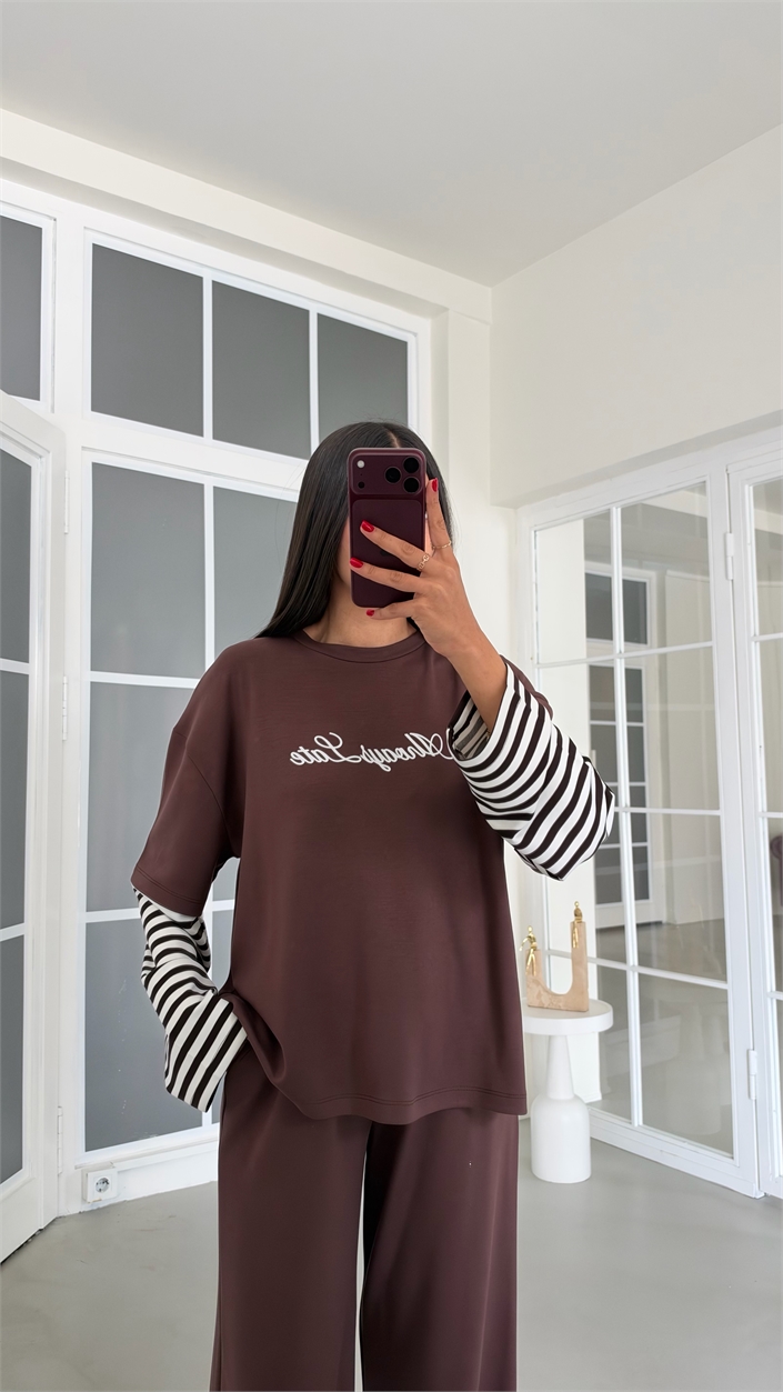 Kahve Kolu Şeritli Tshirt Beli Lastikli Pantolon İkili Modal Takım GAUS-02227