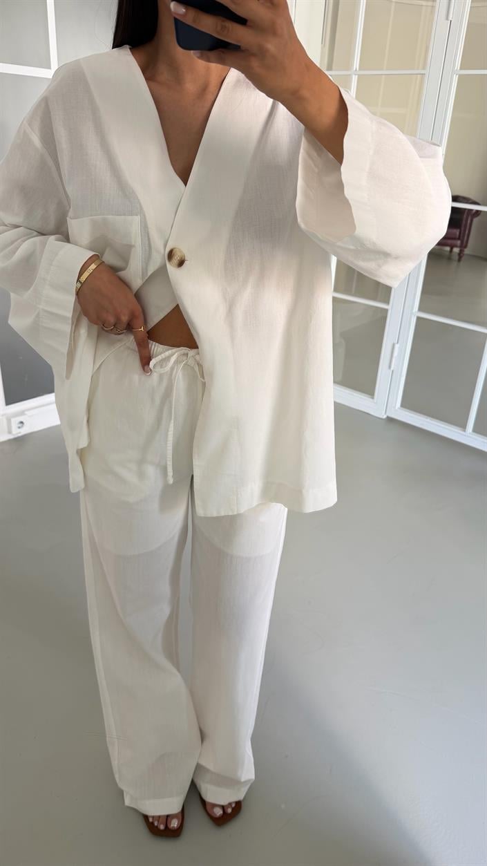 Beyaz Kimono Beli Lastikli Pantolon İkili Keten Takım GAUS-01491