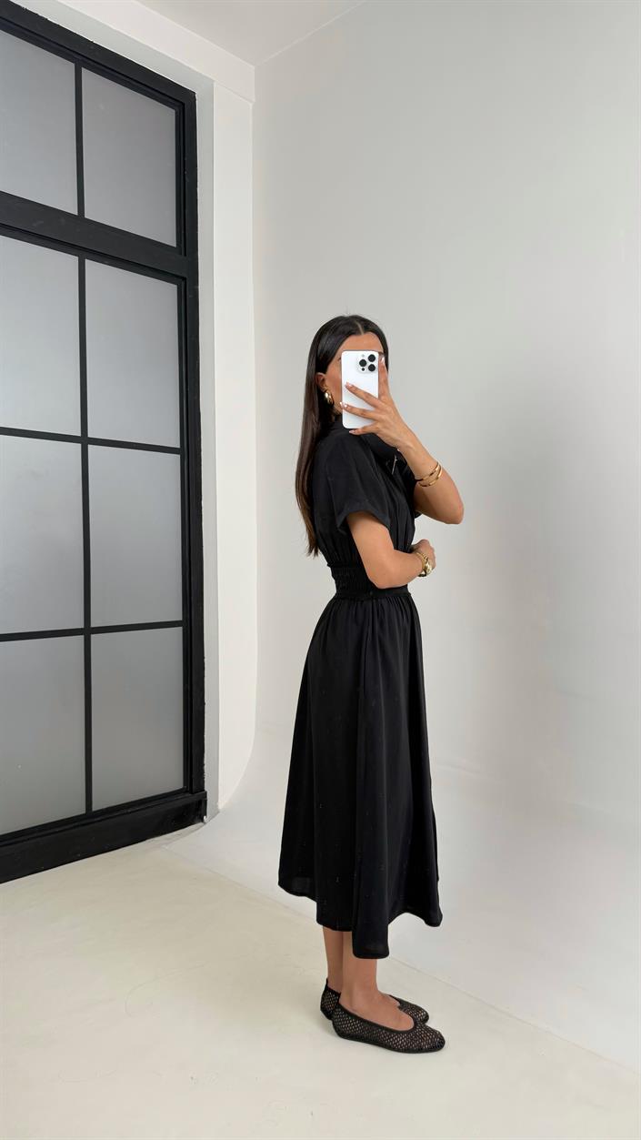 Siyah Beli Lastikli Önden Fermuarlı Yırtmaçlı Tencel Elbise Gaus00551
