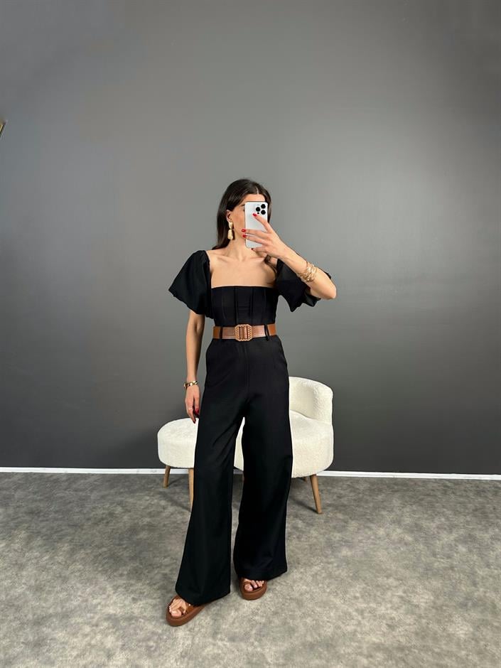 Nick Siyah Keten Kemerli Balon Kol Tulum