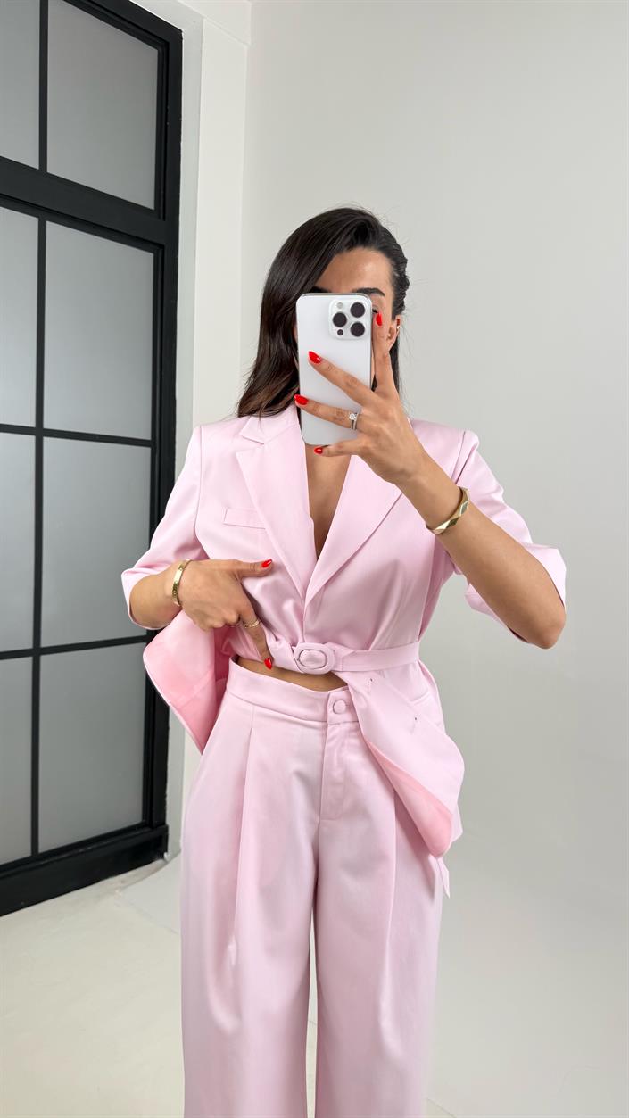 Pembe Yarım Kol Astarlı Vatkalı Kemerli Ceket Pantolon İkili Premium Takım Gaus00453