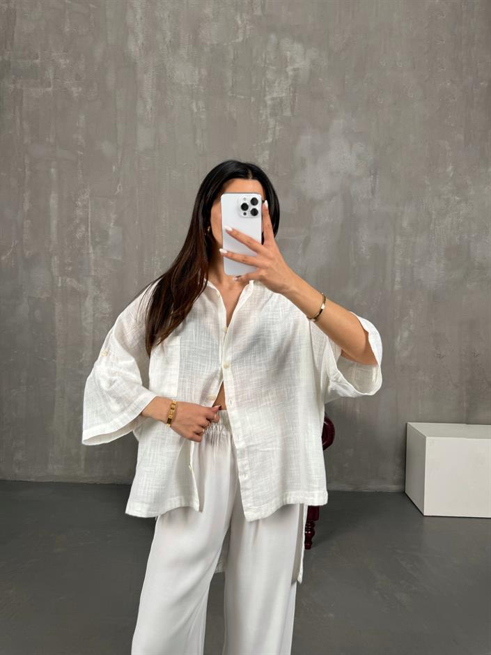 Beyaz Kısa Kollu Keten Oversize Gömlek Gaus00065