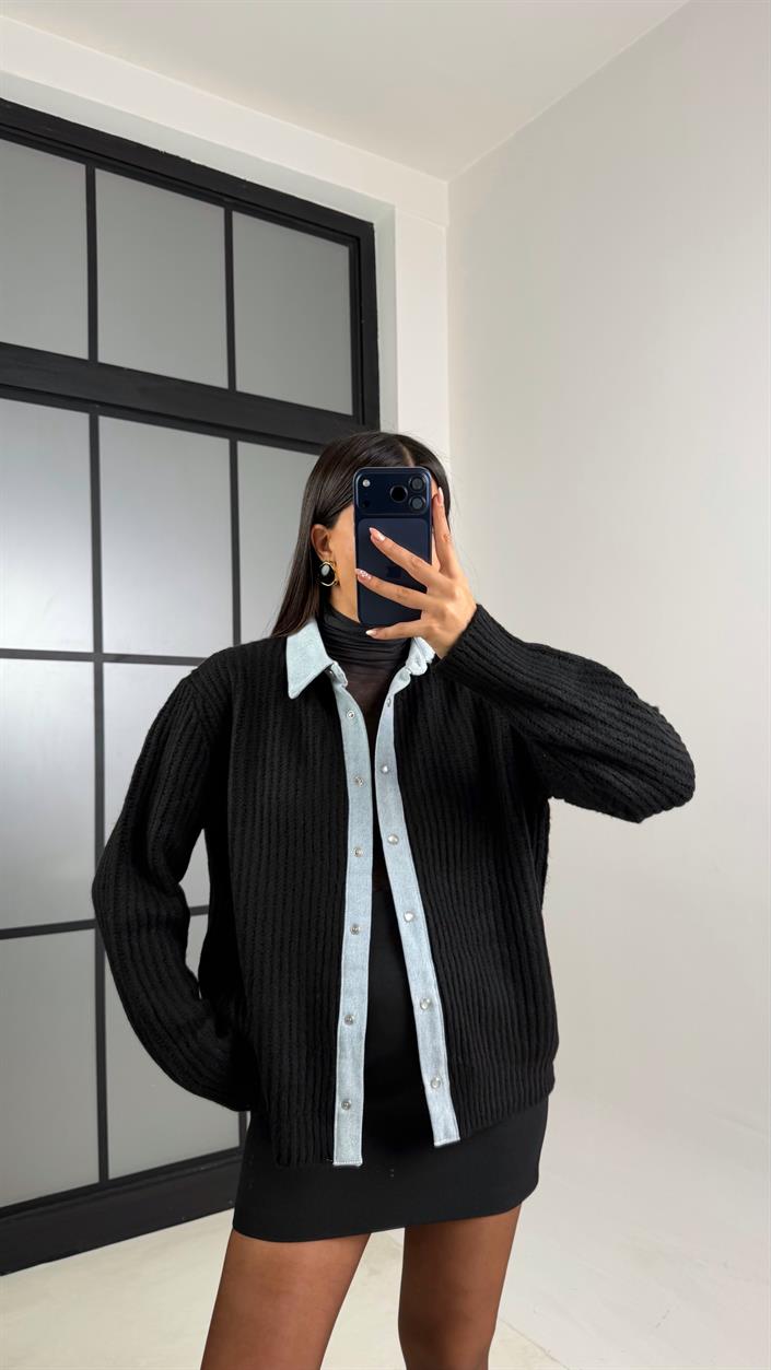 Siyah Denim Detaylı Örgü Hırka GAUS-00792