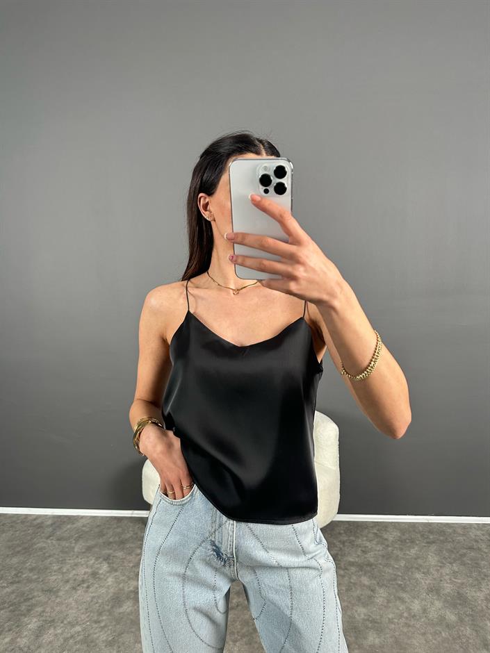 Siyah Saten İp Askılı Basic Bluz