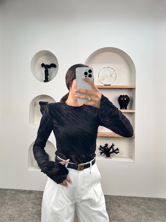 Ada Siyah Transparan Crop Atletli Bluz