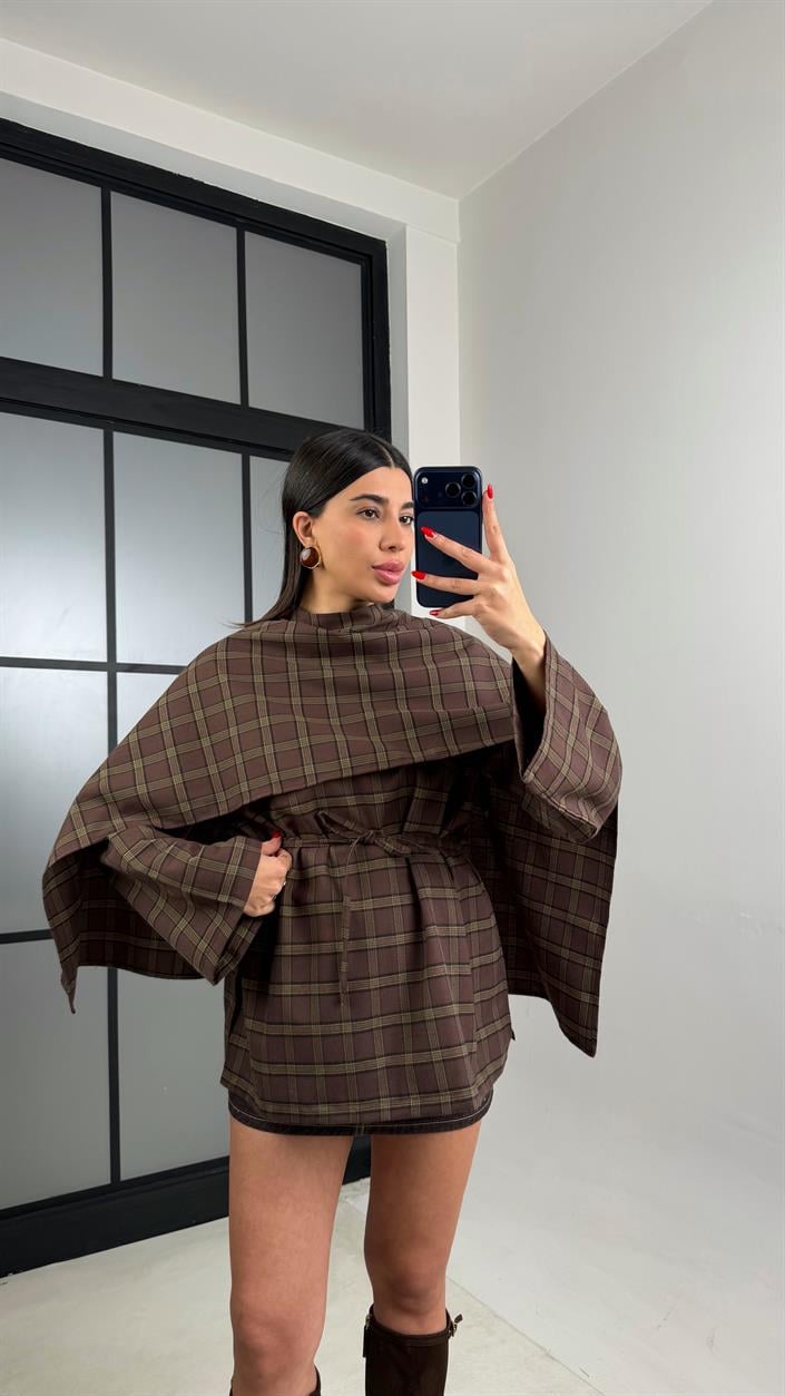 Kahve Atkı Detaylı Kuşaklı Tasarım Ekoseli Gömlek GAUS-01058