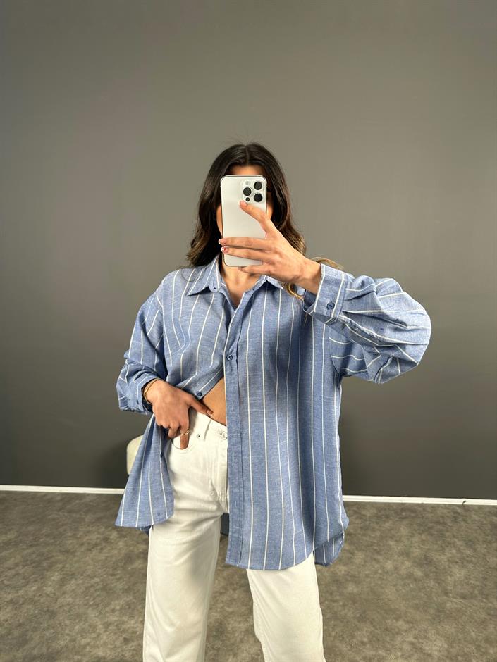 Mavi Çizgili Oversize Keten Gömlek 