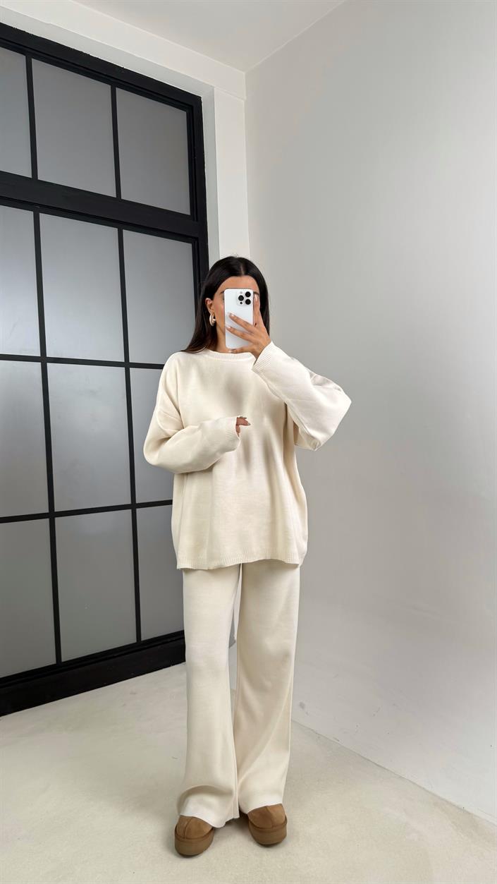 Ekru Uzun Kol Kazak Beli Lastikli Pantalon İkili Triko Takım GAUS-00103
