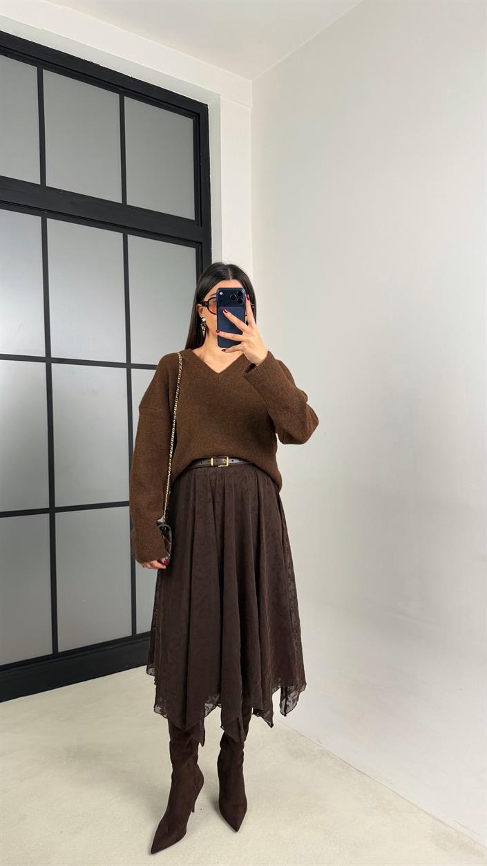 Kahve Çiçek İşlemeli Astarlı Tül Etek GAUS-00757