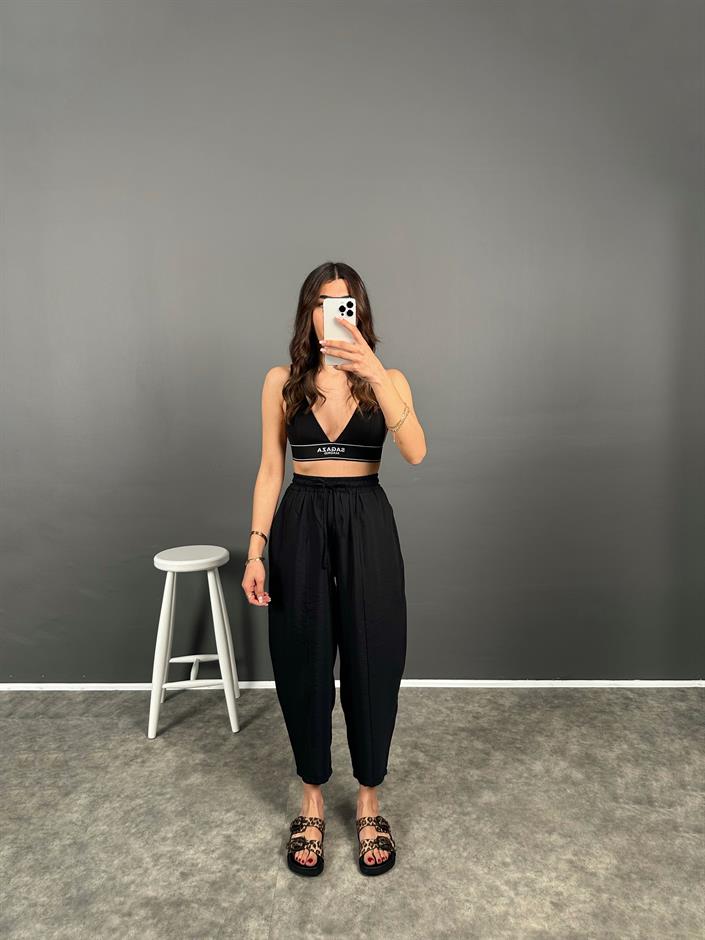 Wil Siyah İthal Kumaş Beli Lastikli Şalvar Pantolon 