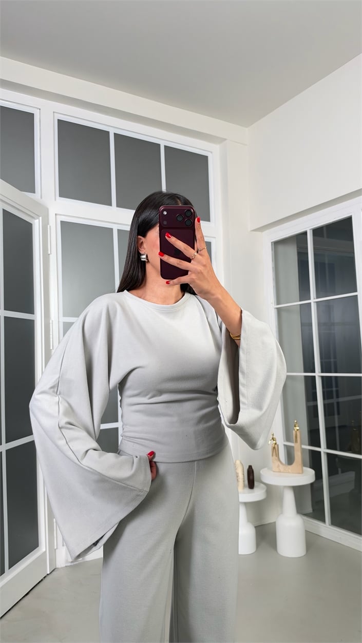 Gri Geniş Kol Bluz Beli Lastikli Pantolon İkili Kaşmir Dokulu Selanik Kumaş Takım GAUS-02293
