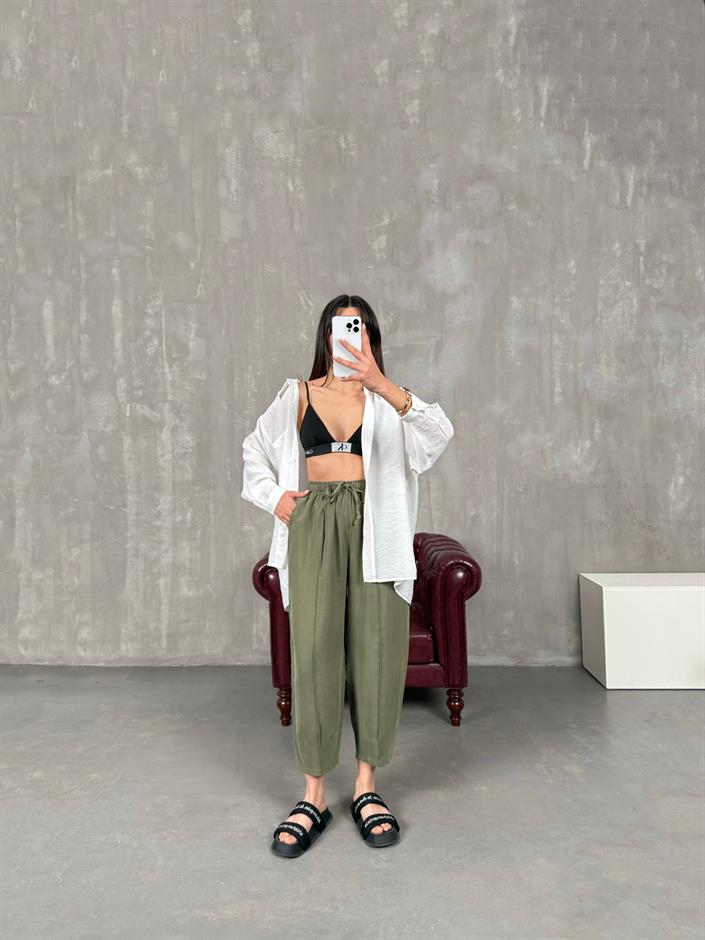 Orfi Haki Çımalı Tensel Şalvar Pantolon