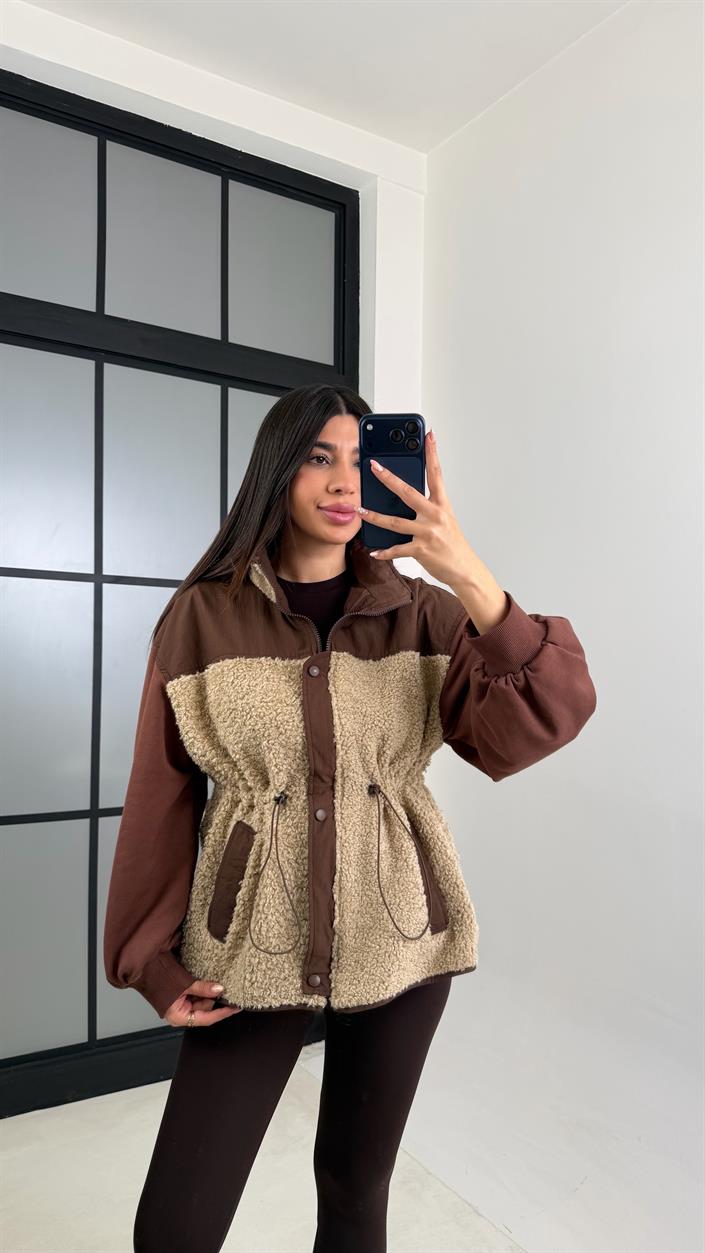Kahve Beli Lastikli Muadil Peluş Ceket GAUS-00833