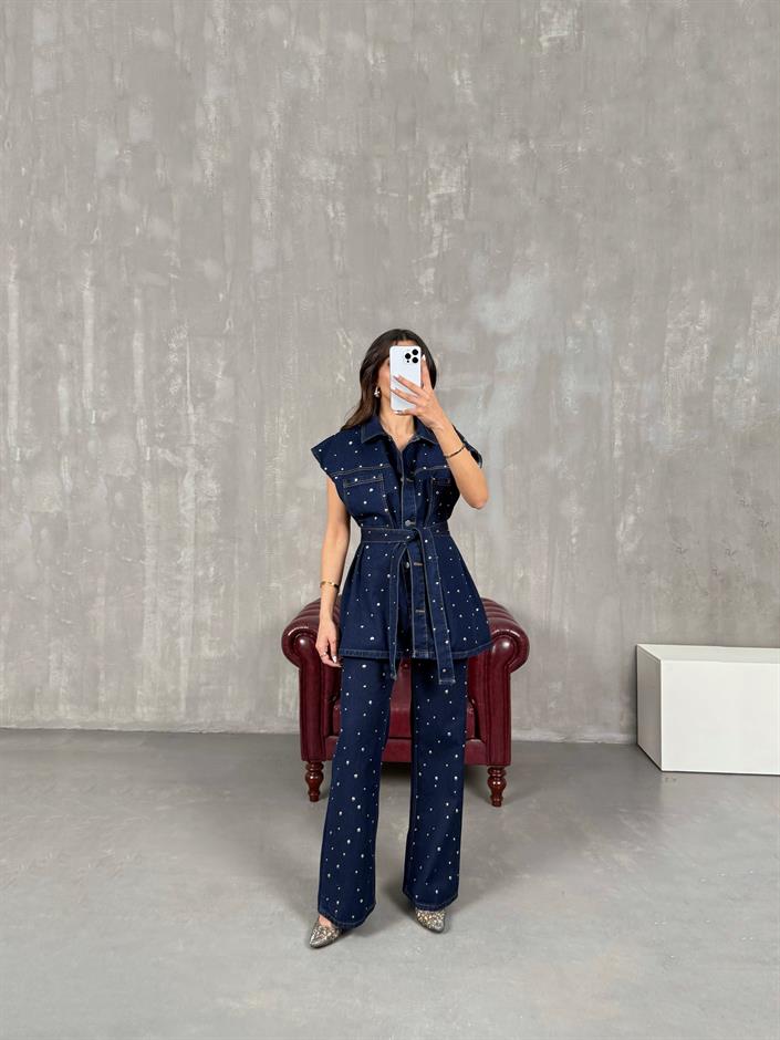 Hespi Lacivert Zımbalı Kuşaklı Yelek Pantolon Denim Takım